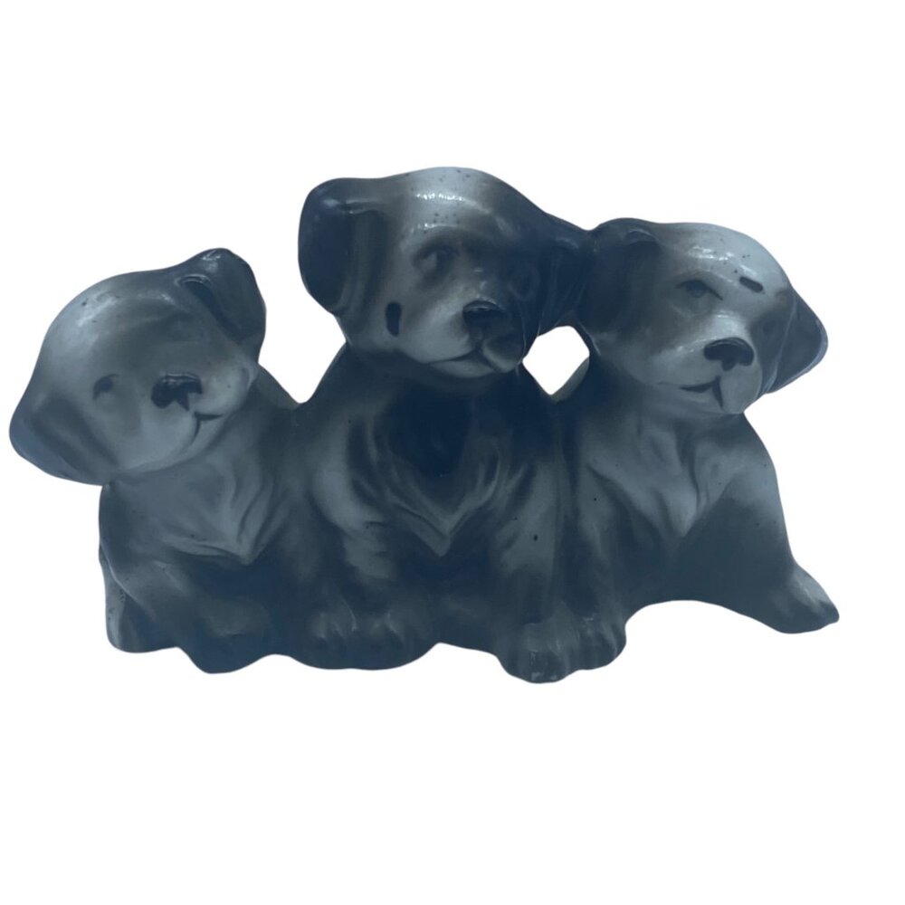 Vtg Ceramic Triple Puppy Figurine Handcrafted in Japan Glossy Finish 2"x4" RARE